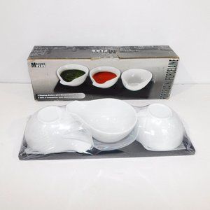 Maison Plus Set 3 Ceramic Dipping Dishes with Wooden Base NEW - box has wear